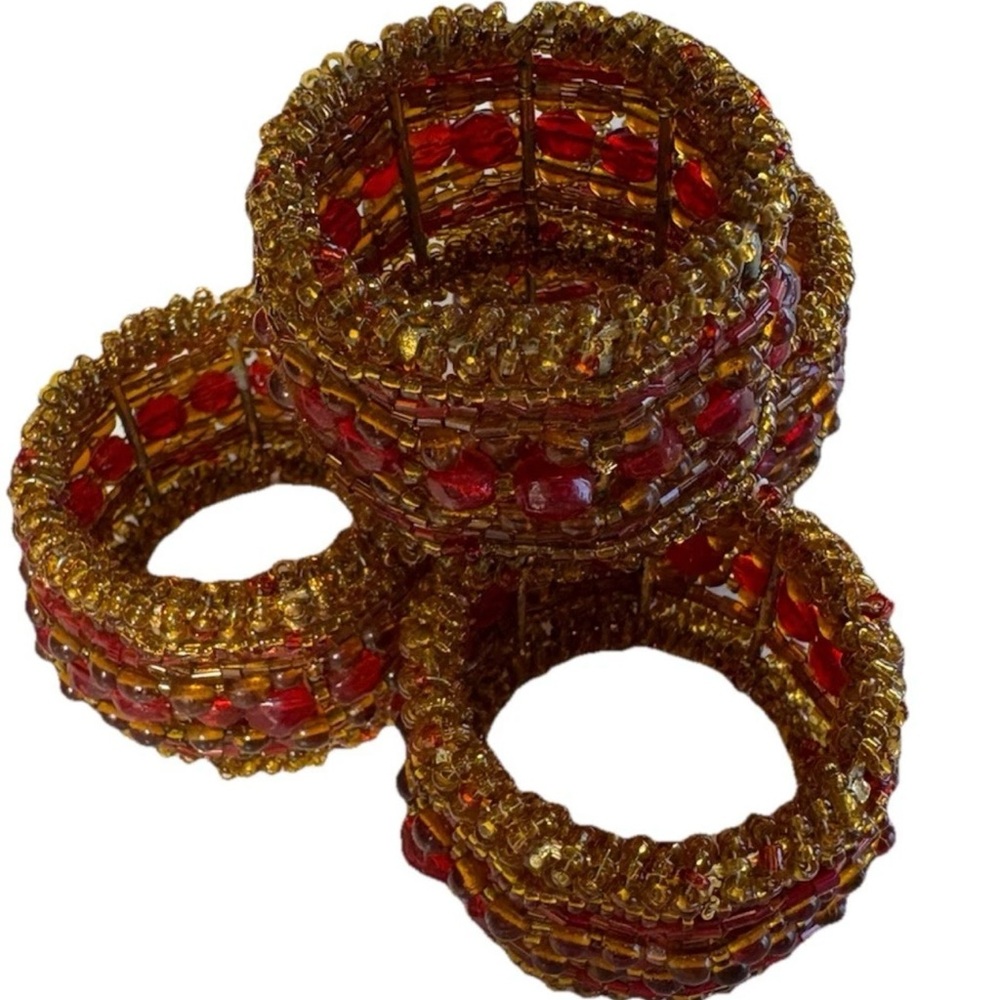 Boho Beaded VTG Napkin Rings amber /gold 1970 art deco style  Set Of 4
